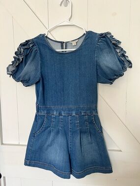 Habitual Denim Short Romper with Ruffle Puff Sleeves - Blue